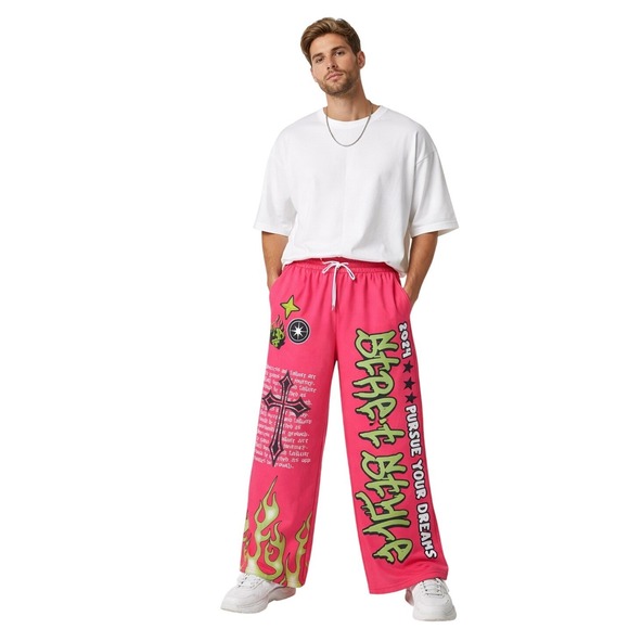 Manfinity Other - Manfinity Graphic Sweatpants Mens Medium Pink Flare Leg Y2K Cross Flame